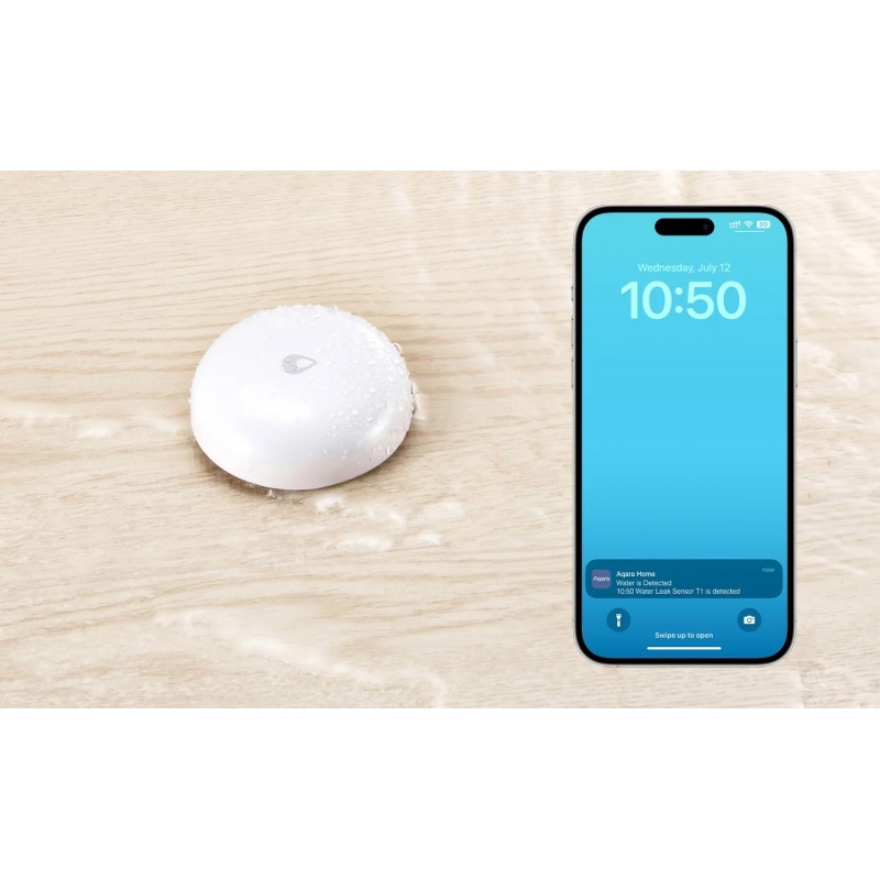 Czujnik zalania Aqara Water Leak Sensor T1 - wykrył przeciek, powiadomienie na smartfonie o wycieku wody.