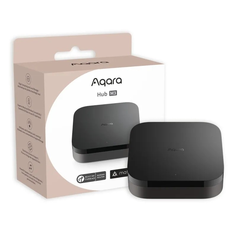 Aqara Hub M3 - centrala Smart Home Aqara Hub M3 – centrala Smart Home WiFi, Zigbee, Bluetooth, Matter. Zdjęcie produktu z opakowaniem.