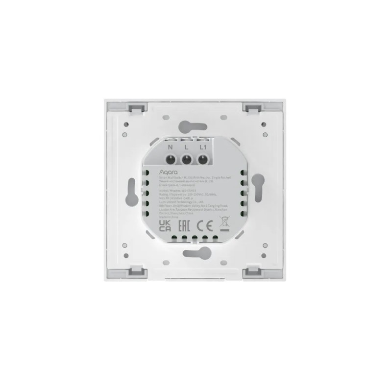 Aqara H1 – przełącznik ścienny z neutralem Aqara Wall Single Switch H1 – inteligentny przełącznik ścienny z przewodem neutralnym. Widok tylnej strony z terminalami N, L, L1.