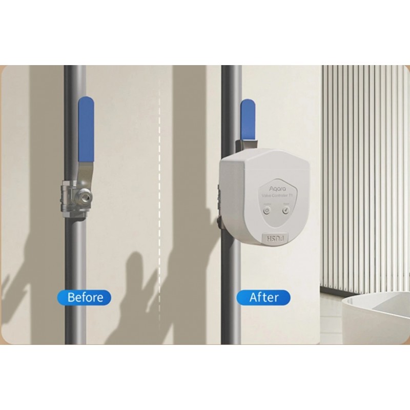 Aqara Valve Controller T1 - sterownik zaworu wody Aqara Valve Controller T1 – inteligentny sterownik zaworu wody, zastępuje kran. Zdjęcie porównanie: tradycyjny kran vs. nowoczesny kontroler.