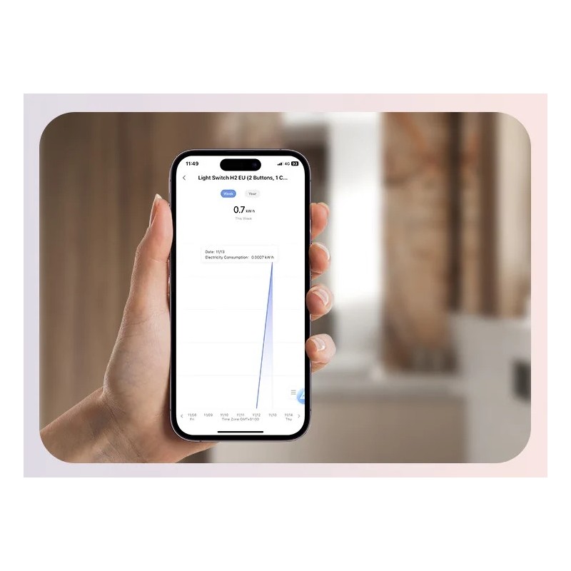 Aqara Light Switch H2 EU - aplikacja pokazuje zużycie energii (0,7 kWh). Inteligentny przełącznik Matter/Zigbee.