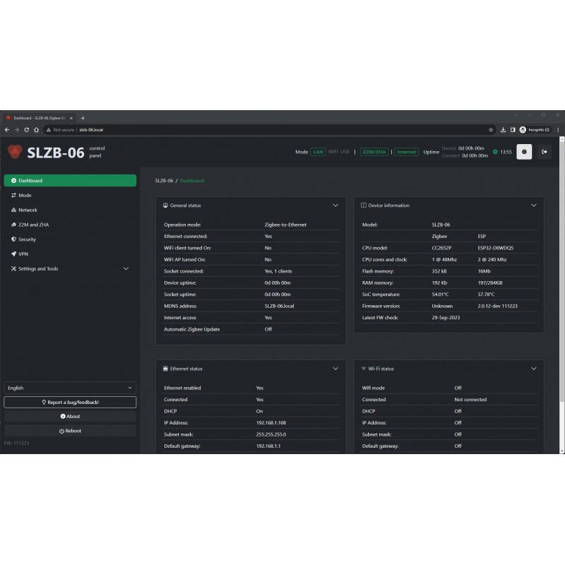 SMLIGHT SLZB-06U – koordynator Zigbee/Thread PoE USB, interfejs dashboardu Home Assistant