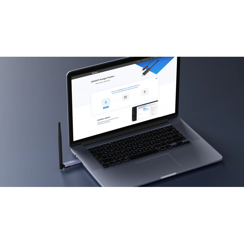 SONOFF MG24 Dongle Flasher – adapter USB do Zigbee i Thread podłączony do laptopa, instrukcja na ekranie.