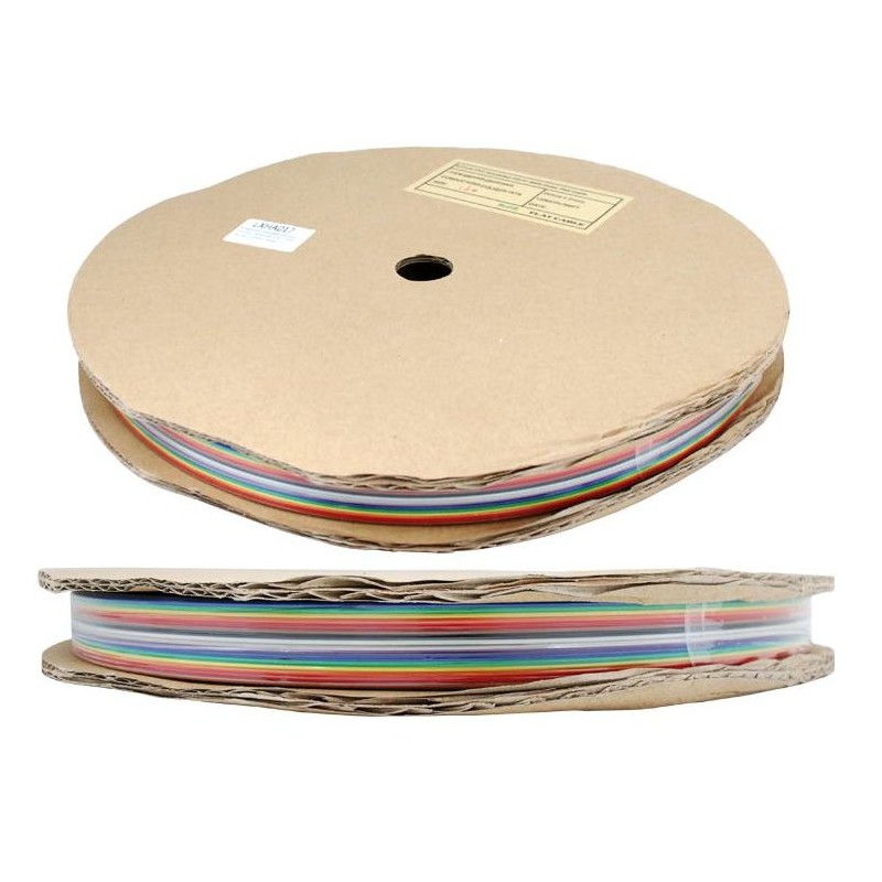 Przewód wstążkowy AWG28 - kolorowa rolka Przewód wstążkowy AWG28 kolorowy – rolka z 16 żyłami w różnych kolorach: czerwonym, niebieskim, zielonym i żółtym.