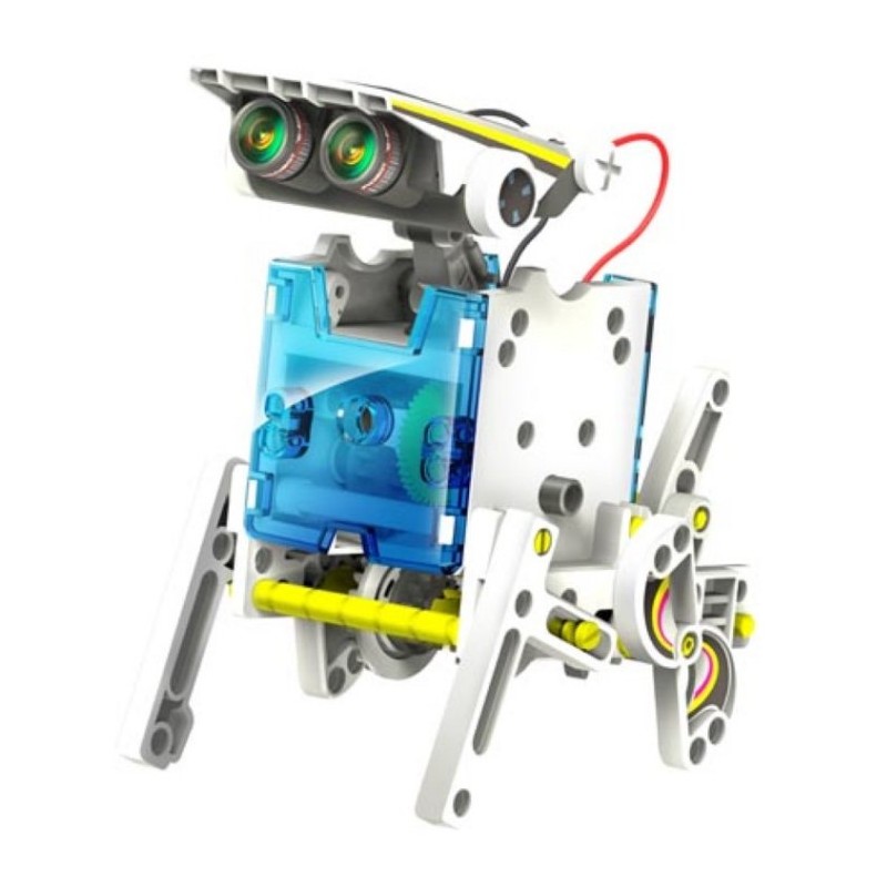 Zestaw robota edukacyjnego KSR13 - robot solarny na czterech nogach z kamerkami i żółtą osią, idealny do nauki STEM.