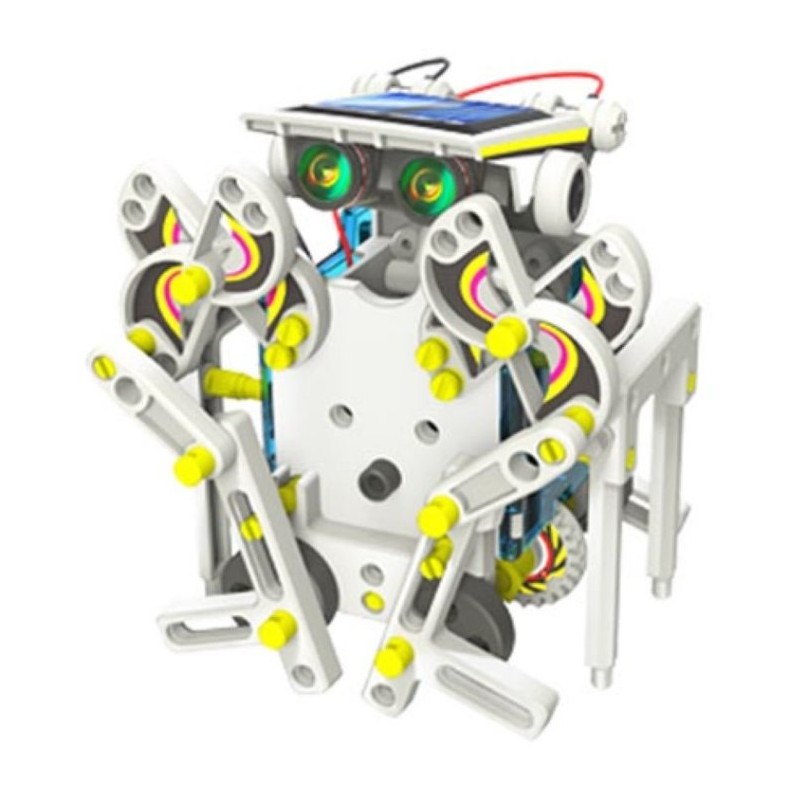 Zestaw robota solarny KSR13 - edukacyjny robot STEM do samodzielnego złożenia. Białe elementy, żółte śruby i panel słoneczny.