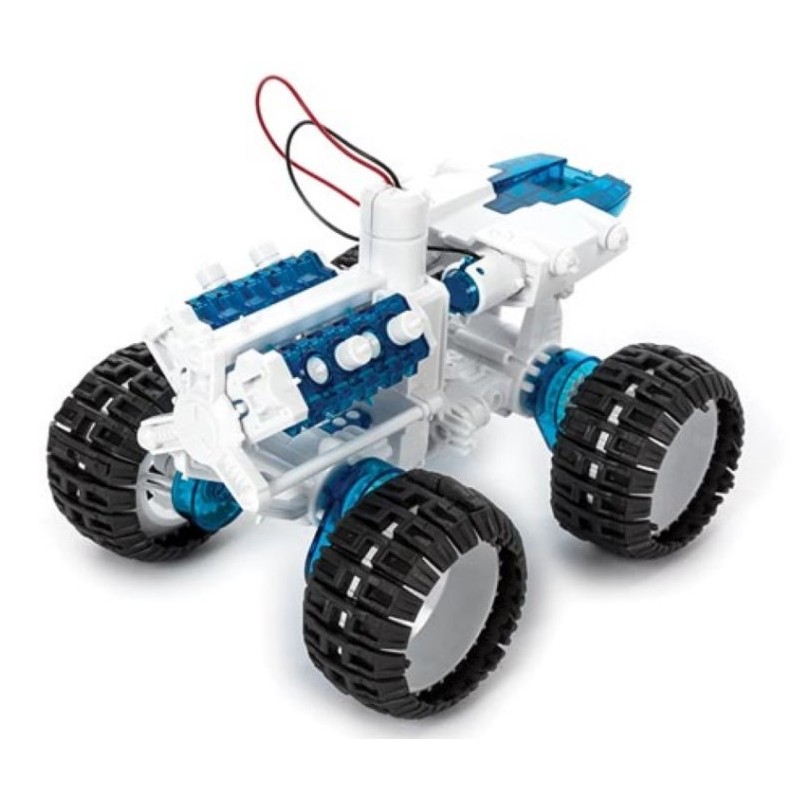 Model samochodu terenowego 4x4 z zestawu edukacyjnego, napędzanego słoną wodą. Łazik kosmiczny z białymi i niebieskimi elementami.