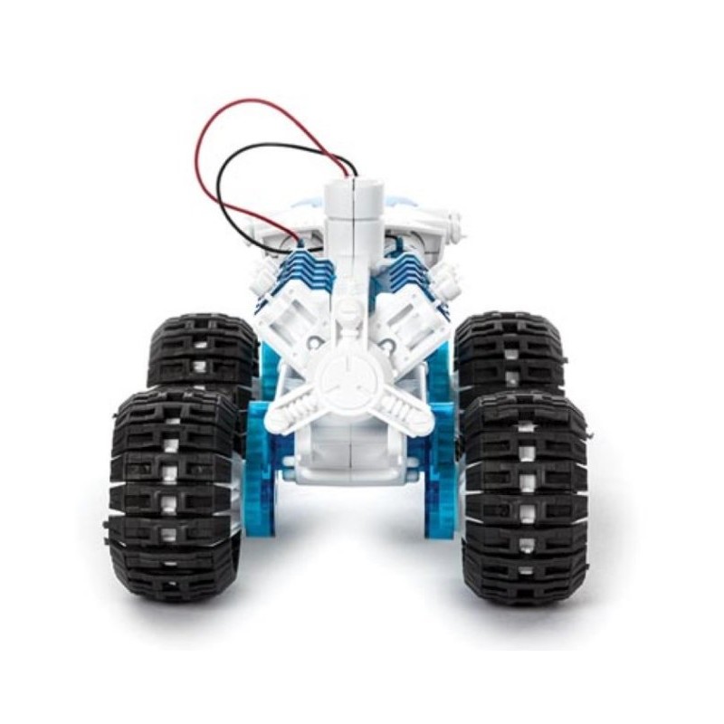 Zestaw LEGO do budowy robota - edukacyjna zabawka STEM. Białe, niebieskie elementy, czarne opony, czerwone przewody.