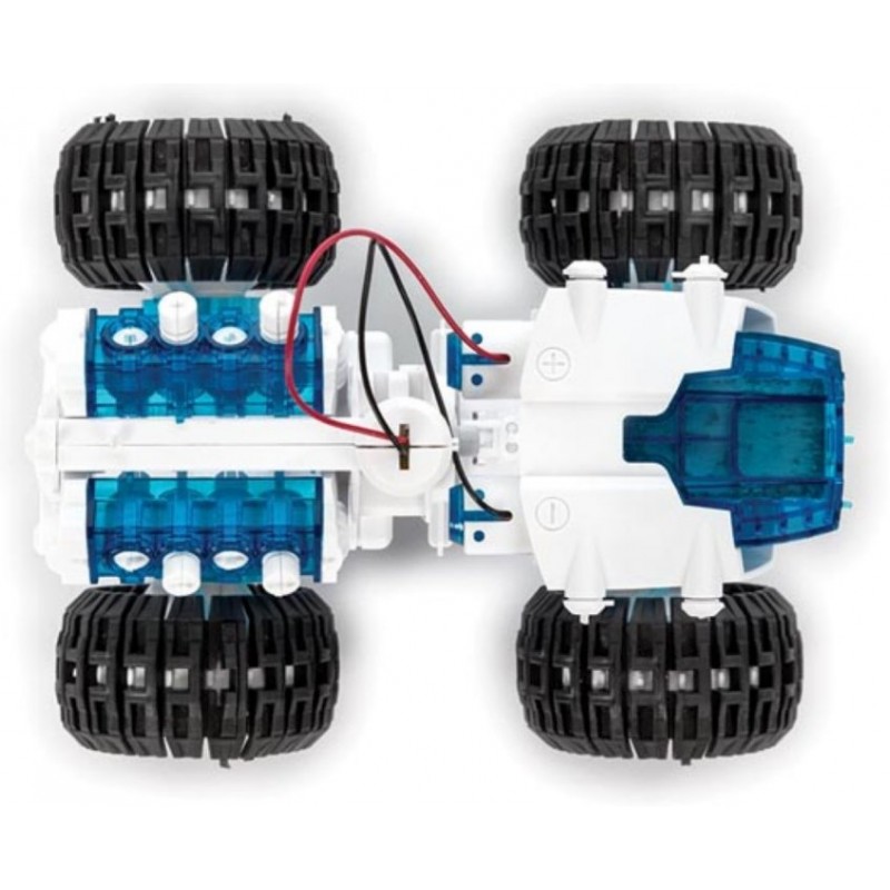 Zestaw do budowy robota 4x4 - białe i niebieskie elementy, czarne opony. Edukacyjny zestaw STEM dla młodych inżynierów.