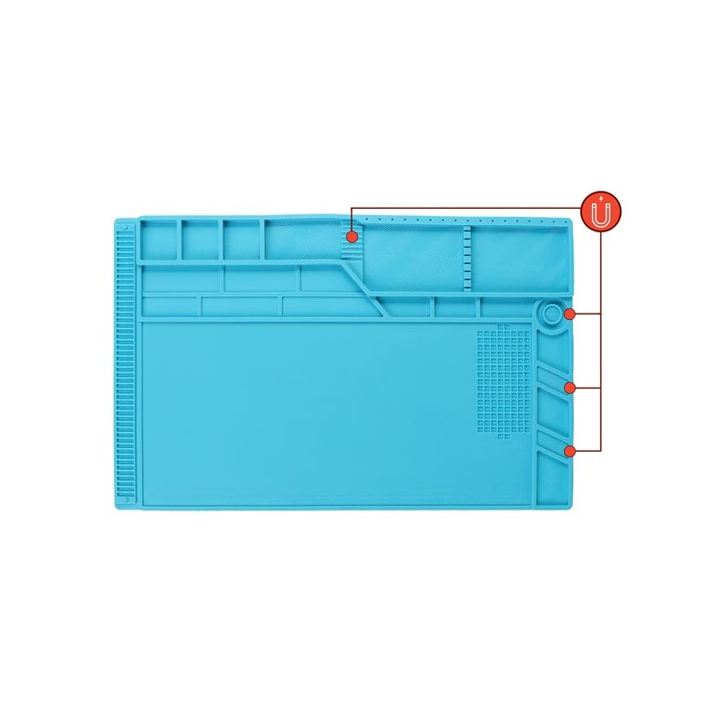 Mata silikonowa do lutowania 550x350mm - niebieska deska z rysikiem, siatką i gniazdem. Idealna do naprawy elektroniki.