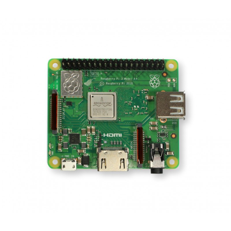 Raspberry Pi 3A+ - zdjęcie płyty Raspberry Pi 3 Model A+ – komputer single-board, WiFi, Bluetooth. Zdjęcie płyty Raspberry Pi z portami HDMI, USB, Ethernet i GPIO.