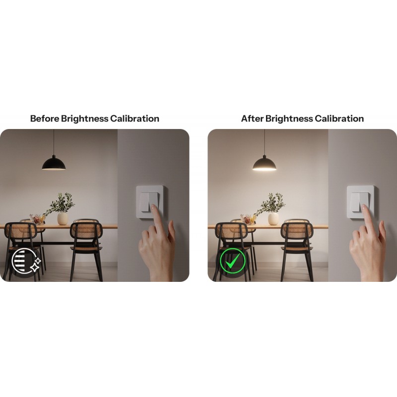 SONOFF MINI-ZBDIM: porównanie oświetlenia przed i po kalibracji jasności – inteligentny ściemniacz Zigbee.