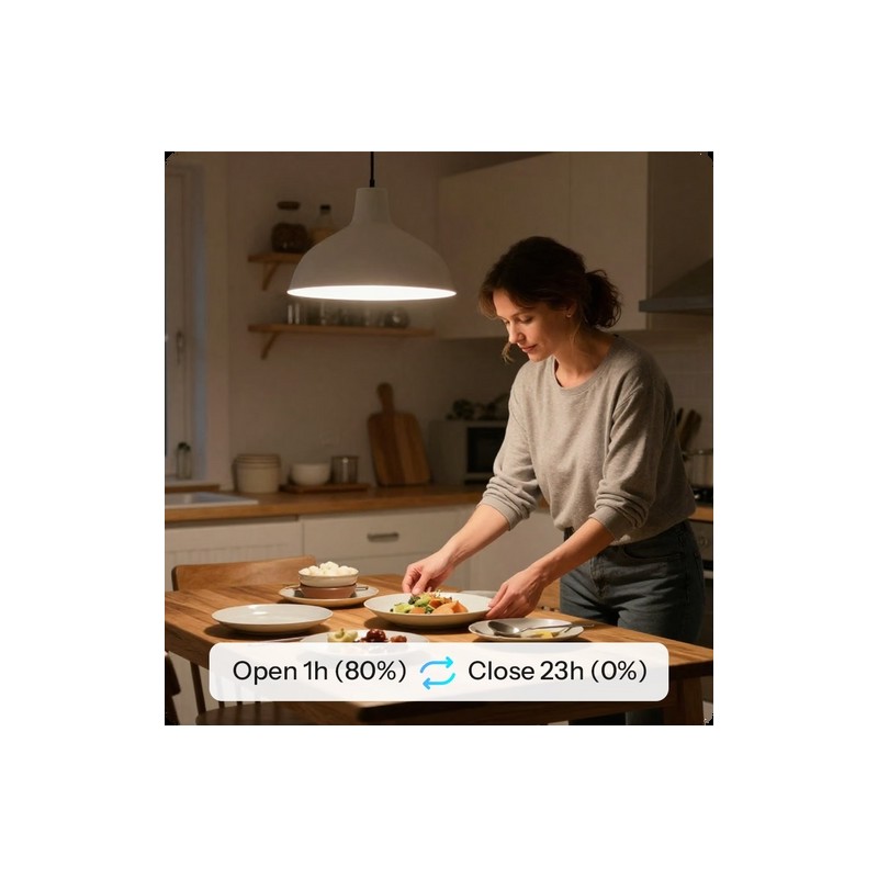 SONOFF MINI-ZBDIM – inteligentny ściemniacz Zigbee, kuchnia, kobieta gotuje pod lampą. Automatyczne sterowanie oświetleniem.