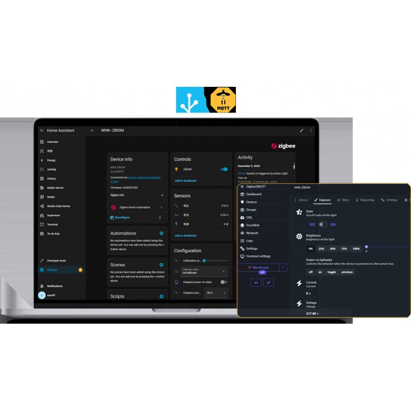 SONOFF MINI-ZBDIM - sterowanie ściemniaczem Zigbee przez Home Assistant, konfiguracja i ustawienia jasności.