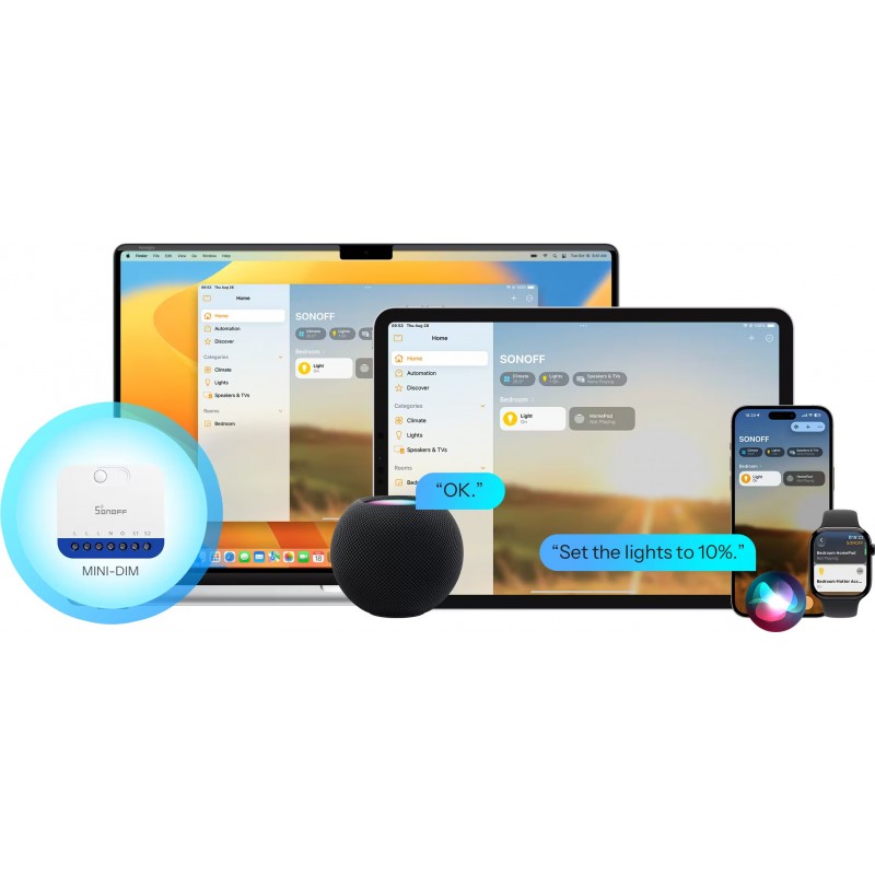 SONOFF MINI-DIM – inteligentny ściemniacz WiFi Matter do oświetlenia. Sterowanie głosowe, integracja HomeKit, aplikacje na laptopie, telefonie i Apple Watch.