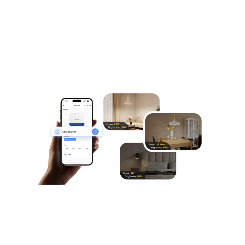 SONOFF MINI DIM – inteligentny ściemniacz WiFi Matter, sterowanie oświetleniem przez aplikację na telefonie.