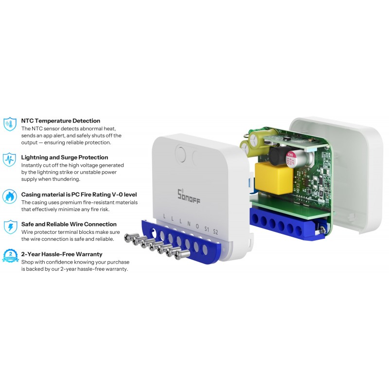 SONOFF MINI DIM – inteligentny ściemniacz WiFi Matter, widok płyty PCB z komponentami, terminale i oznaczenia cech produktu.