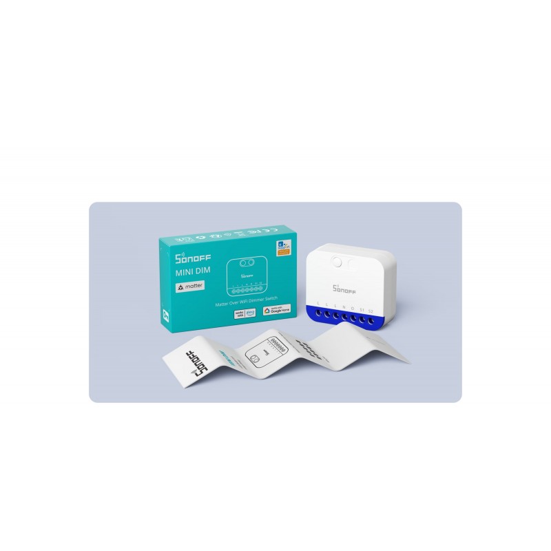 SONOFF MINI DIM – inteligentny ściemniacz WiFi Matter, biały przełącznik w turkusowym opakowaniu z naklejką.