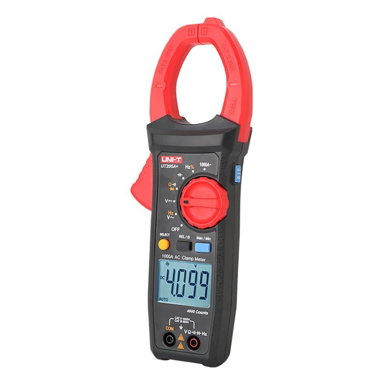 Miernik cęgowy Uni-T UT205A+ - pomiar prądu AC do 1000A, napięcia AC/DC. Czerwono-czarny miernik z przewodem i wyświetlaczem.