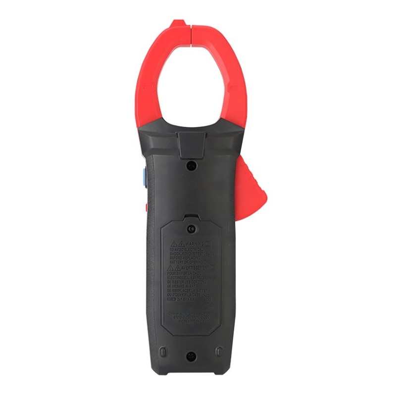 Miernik cęgowy Uni-T UT205A+ - pomiar prądu AC do 1000A, czerwono-czarny clamp meter z ostrzeżeniami.
