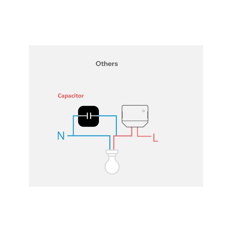 Schemat podłączenia kondensatora do przełącznika SONOFF MINI-ZB2GS-L. Instrukcja montażu Zigbee smart switch bez N.
