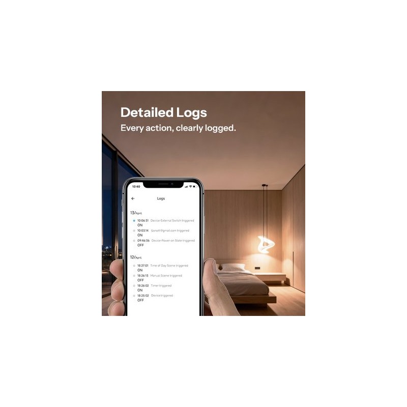 SONOFF MINI-ZB2GS-L: aplikacja mobilna do sterowania inteligentnym przełącznikiem Zigbee, logi aktywności systemu domowego.