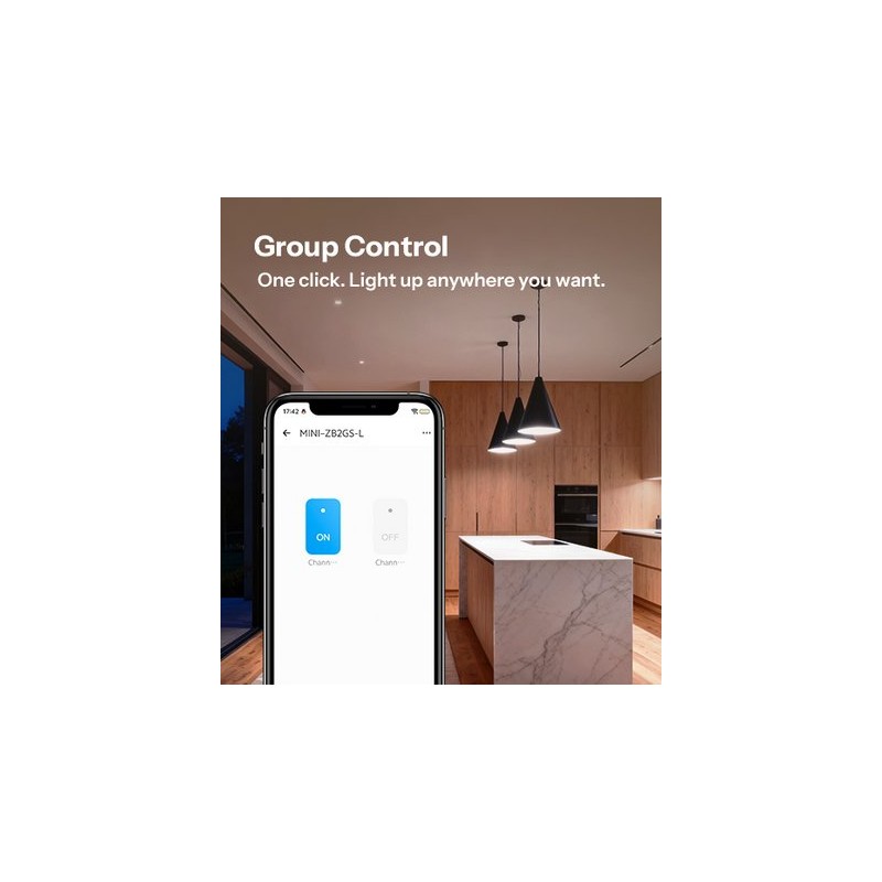 SONOFF MINI-ZB2GS-L: sterowanie grupą świateł w aplikacji mobilnej, nowoczesna kuchnia - inteligentny przełącznik Zigbee.