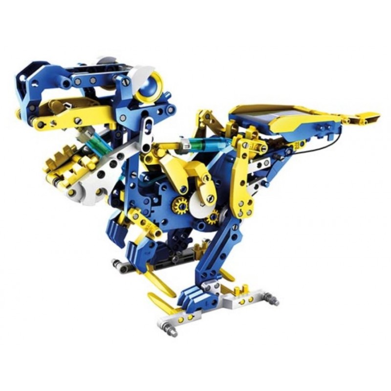 Zestaw KSR17: Model dinozaura zbudowany z klocków niebieskich i żółtych. Zasilany energią słoneczną, rozwija kreatywność.