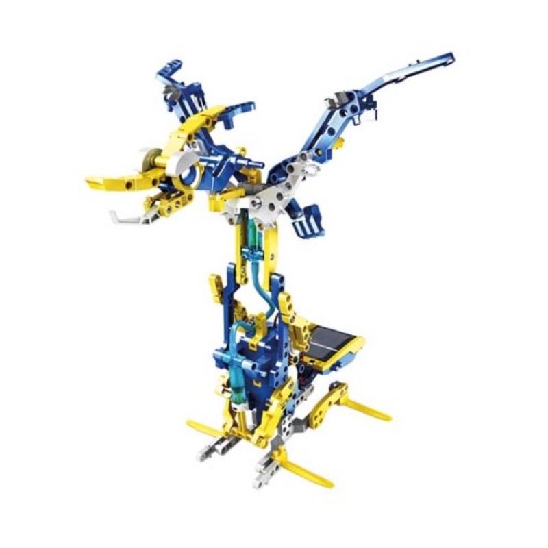 Złożony model robota/maszyny z zestawu KSR17 - konstrukcja STEM z klocków, niebiesko-żółta.