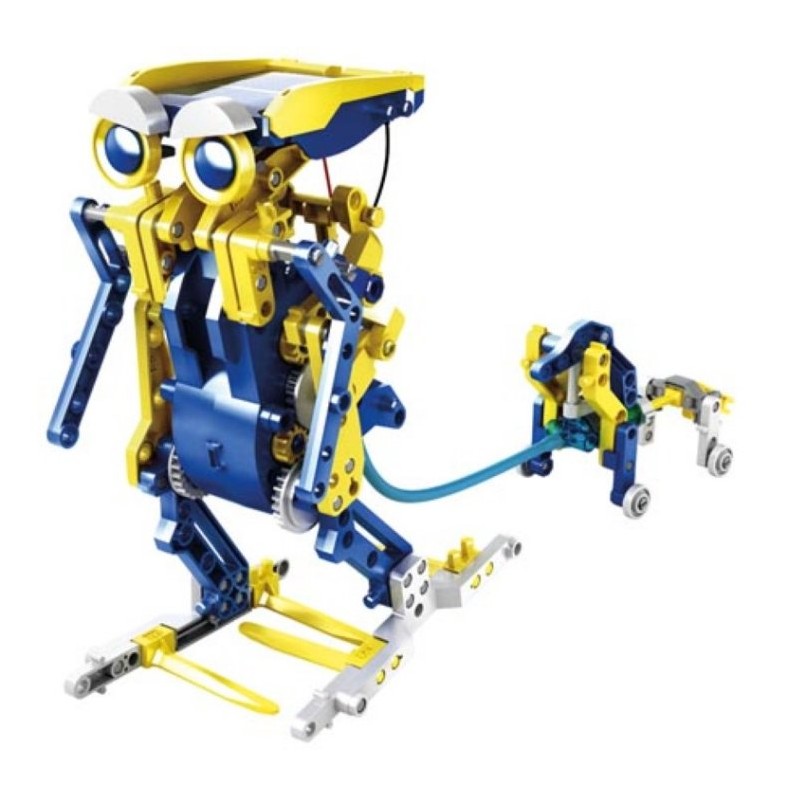 Solarne roboty KSR17 – zestaw konstrukcyjny STEM. Złożony żółto-niebieski robot z kołami, idealny do nauki mechaniki.