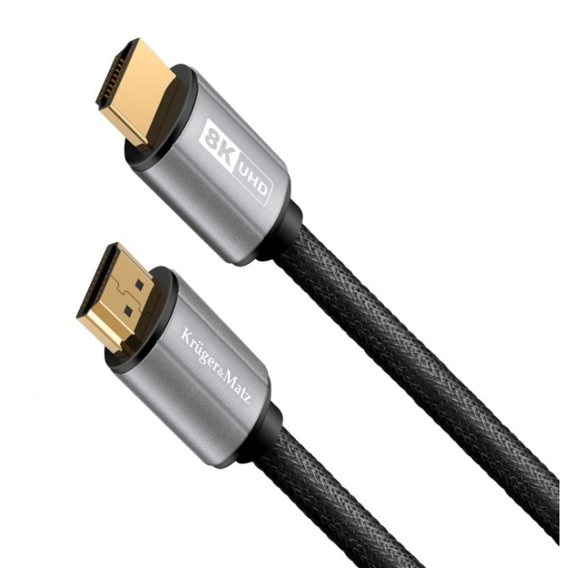Kabel HDMI 2.1 Kruger&Matz 8K - przewód do telewizora z obsługą 8K@60Hz, HDR i eARC. Złącza w kolorze złotym.