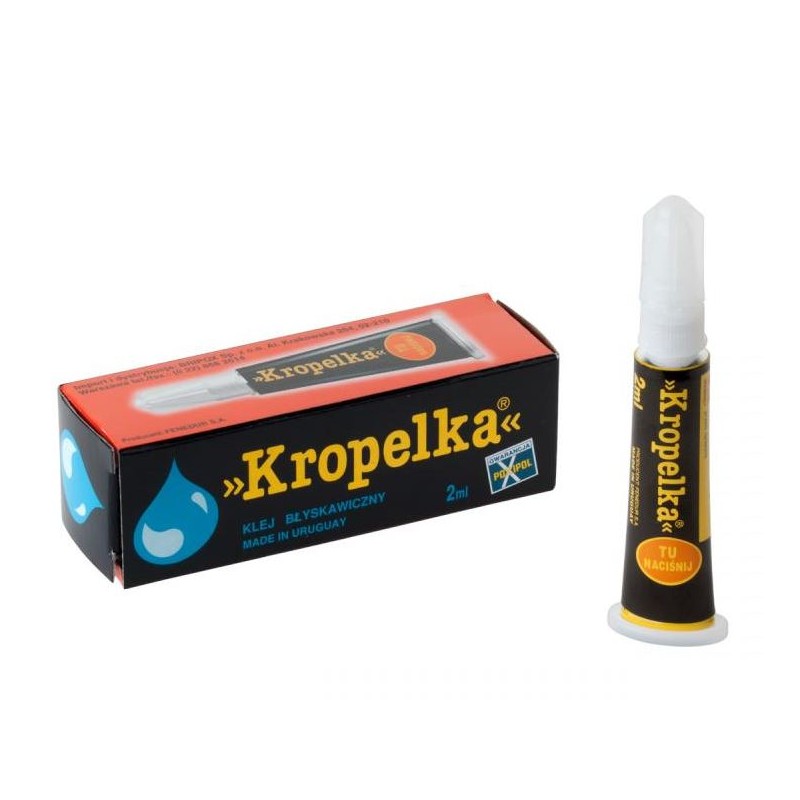 Kropelka 2ml - Klej błyskawiczny Klej uniwersalny Kropelka 2ml – błyskawiczny klej cyjanoakrylowy w opakowaniu. Idealny do szybkiego i trwałego wiązania.