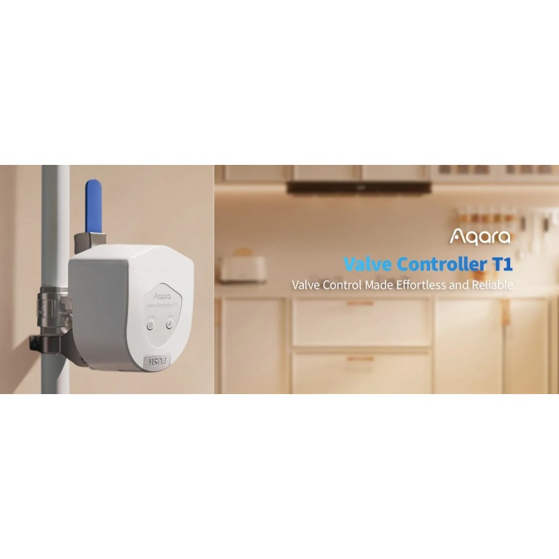 Aqara Valve Controller T1 – inteligentny sterownik zaworu wody, montaż na rurze w kuchni. Automatyczne odcięcie przy wycieku.