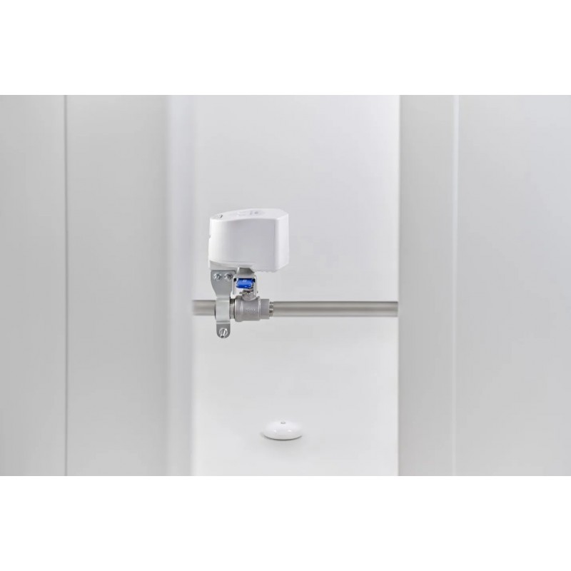 Aqara Valve Controller T1 – zawór wody do CO, sterowanie Zigbee, zabezpieczenie przed wyciekiem. Biały zawór na rurze.