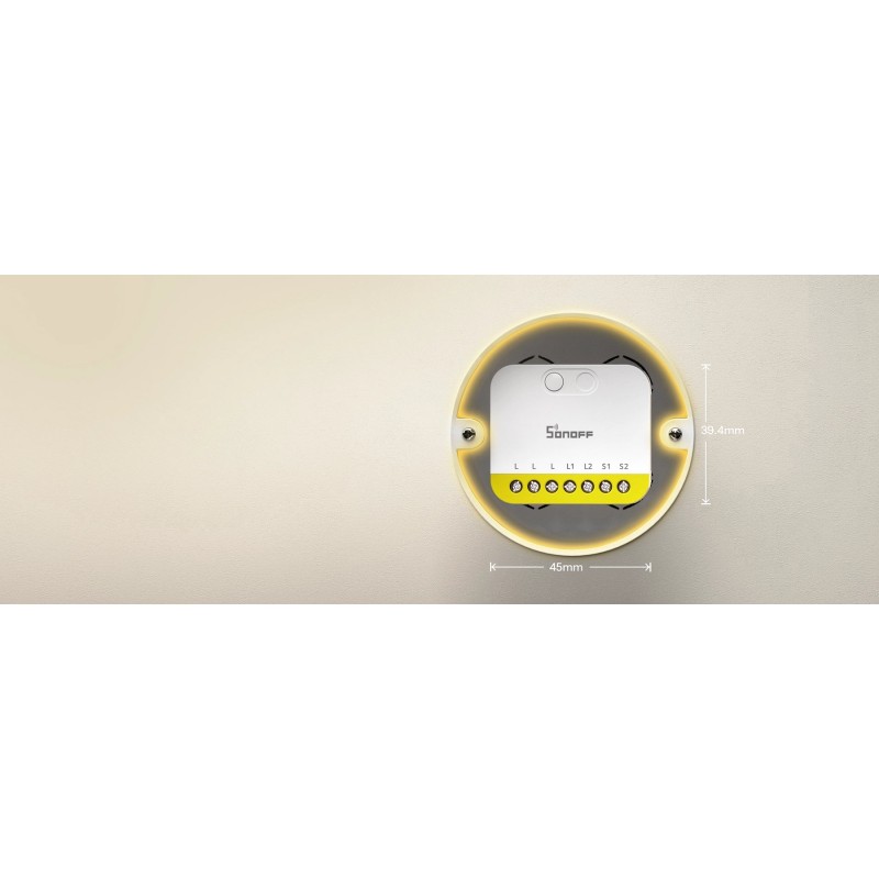 SONOFF MINI-ZB2GS-L – inteligentny przełącznik Zigbee 2-kanałowy bez N. Biały moduł w żółtej oprawie, wymiary 45x39,4 mm.