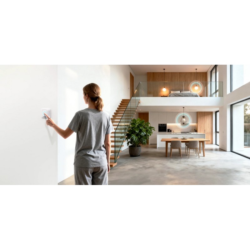 SONOFF MINI-ZB2GS-L: inteligentny przełącznik Zigbee w nowoczesnym domu - kobieta steruje światłem dotykiem.