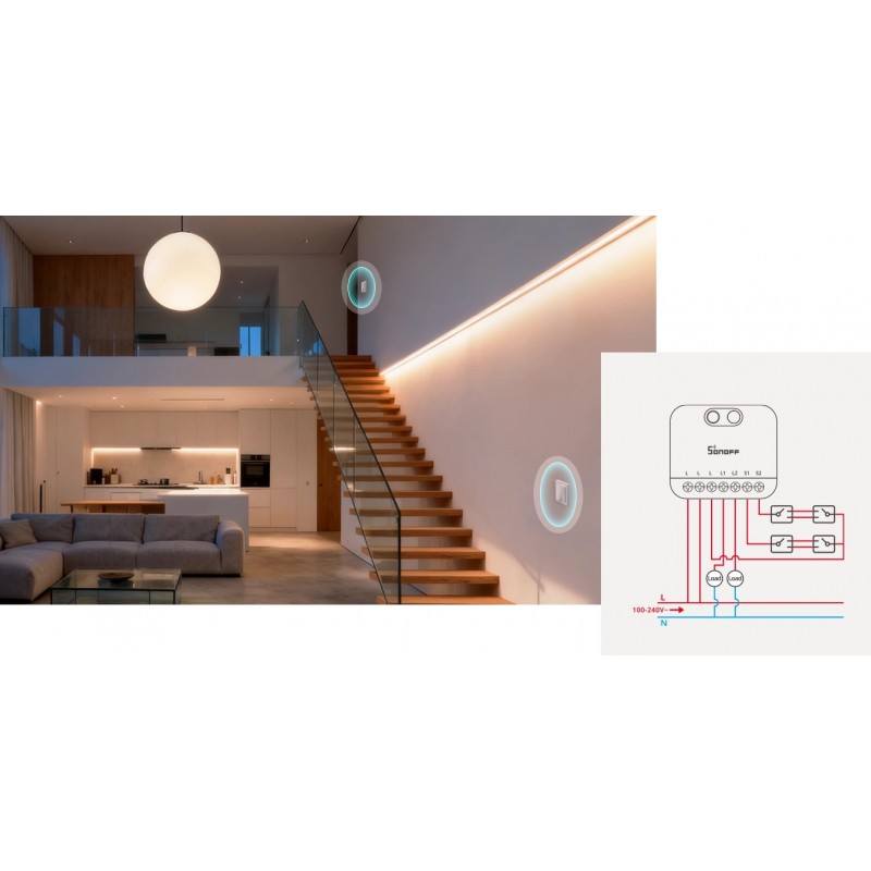 SONOFF MINI-ZB2GS-L – inteligentny przełącznik Zigbee 2-kanałowy, montaż w ścianie przy schodach. Sterowanie oświetleniem.