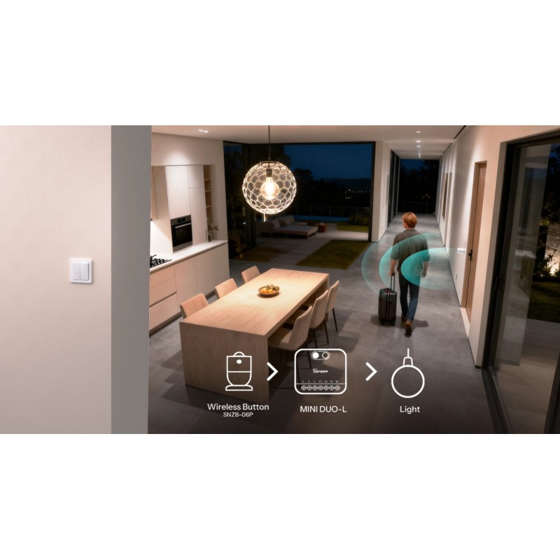 SONOFF MINI DUO-L i Wireless Button SNZ8-06P – system sterowania oświetleniem Zigbee, zdalne włączanie lampy.