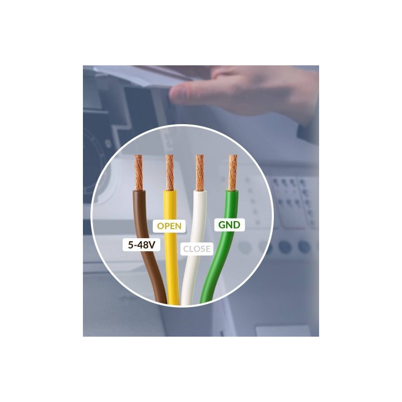 BleBox openSensor brązowy - czujnik WiFi otwarcia okna/drzwi. Kabel z przewodami OPEN, CLOSE, GND oraz zasilaniem.
