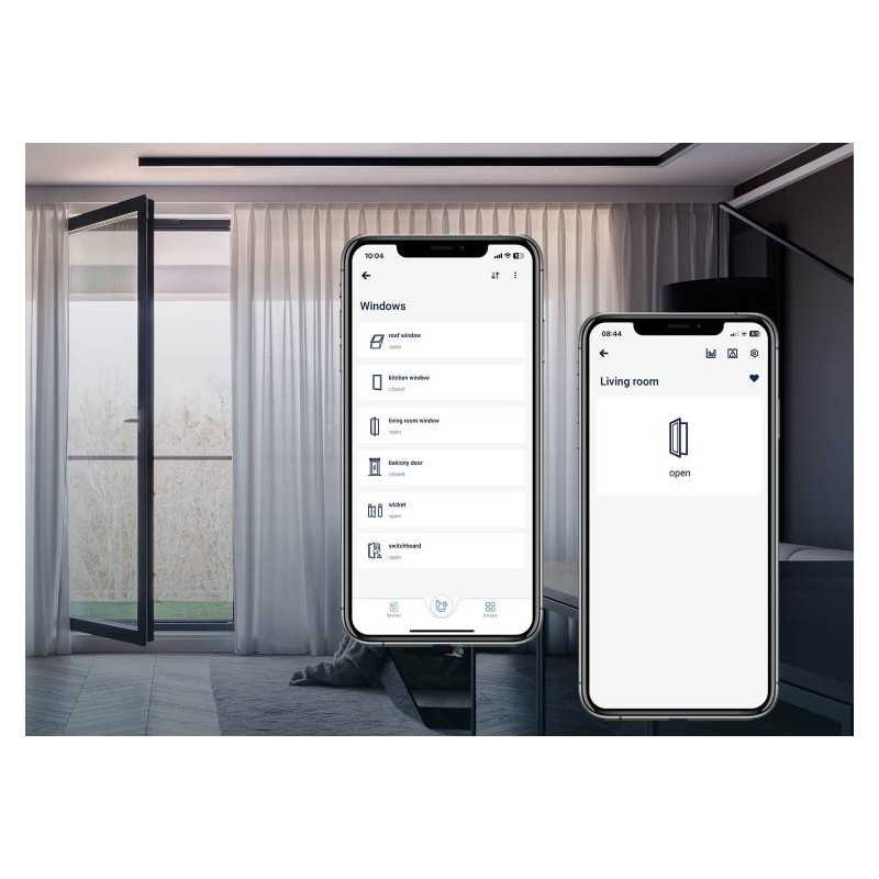 BleBox openSensor – antracytowy czujnik WiFi stanu okna. Aplikacja pokazuje otwarte okno w salonie.