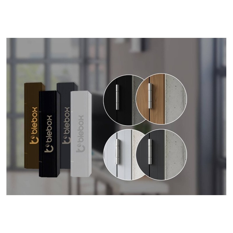 BleBox openSensor antracytowy – czujnik WiFi do okien, drzwi. Pudełka w kolorach brązowym, czarnym, białym oraz uchwyty montażowe.