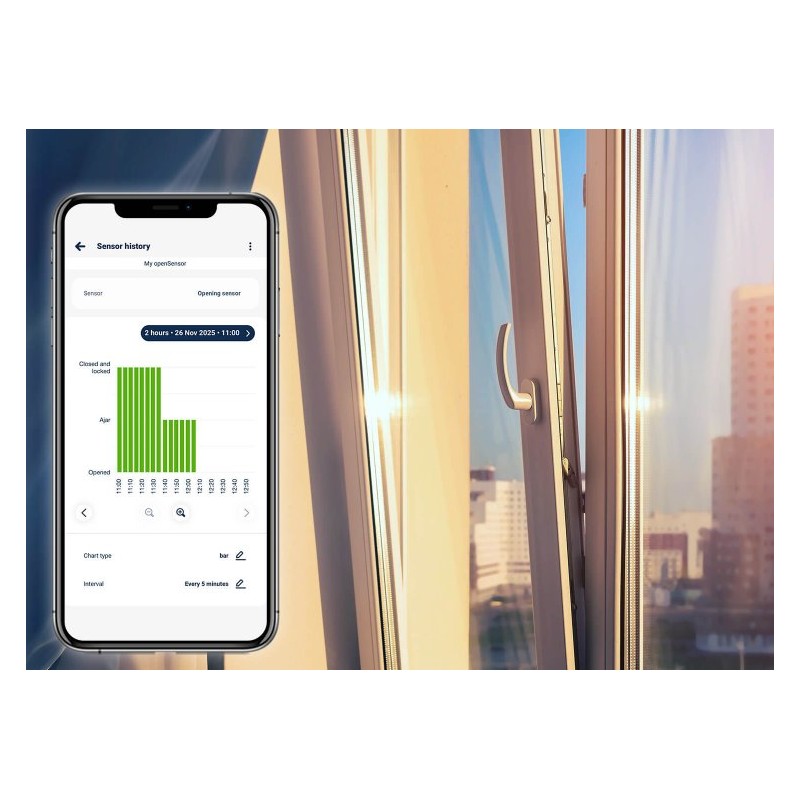 BleBox openSensor – czujnik WiFi otwarcia okna: historia aktywności w aplikacji mobilnej, wykres otwierania/zamykania.