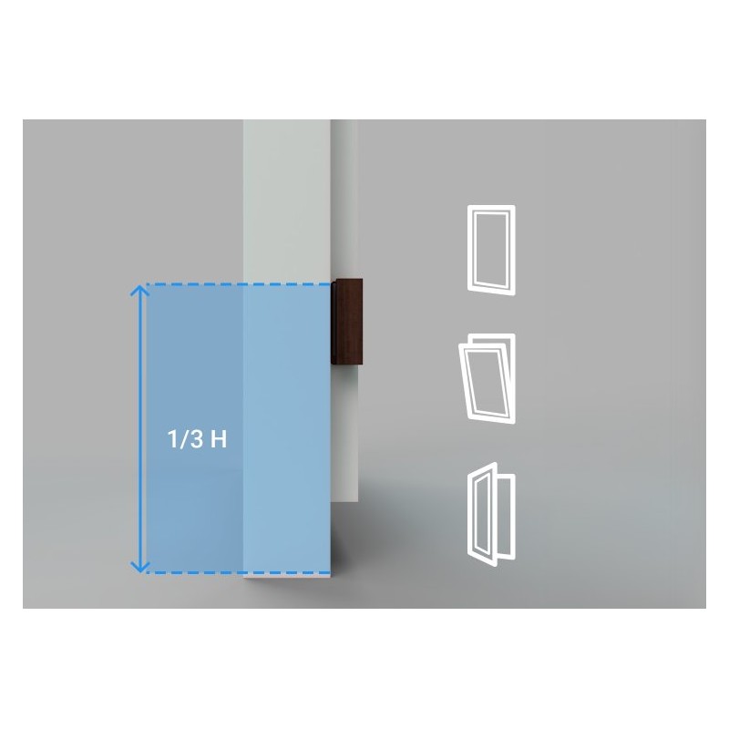 BleBox twinMagnet – magnes do openSensor, schemat montażu na drzwiach (1/3 H), ilustracje otwierania.