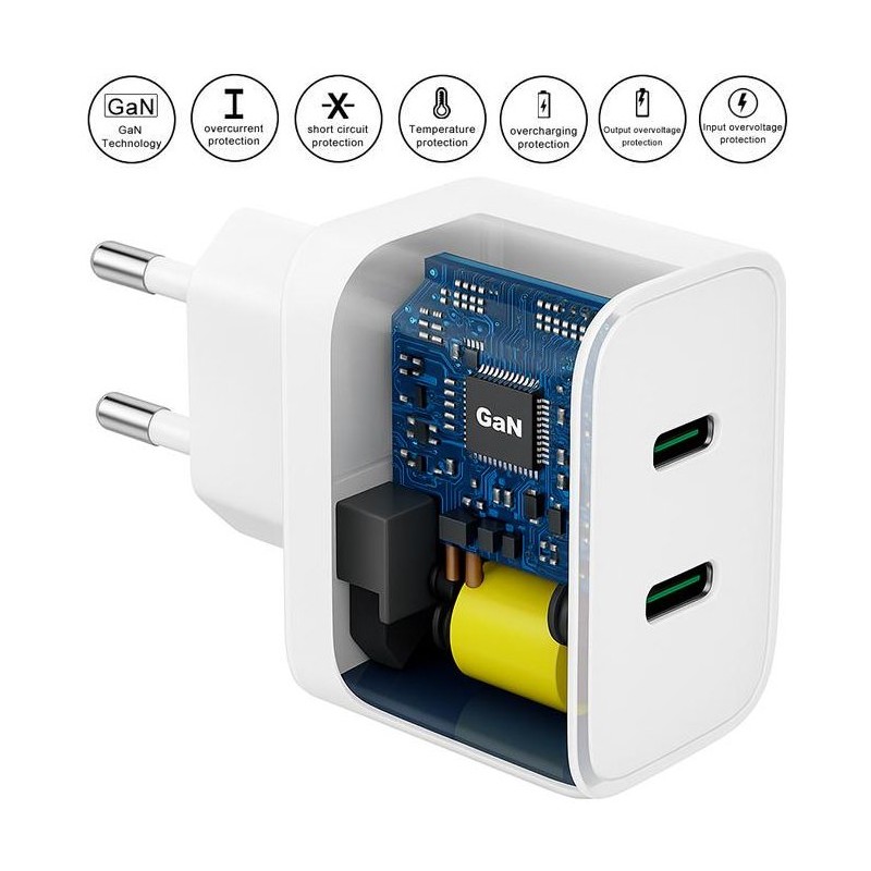 Ładowarka GaN evo 60W: przekrój ładownika USB-C z technologią GaN, widoczne wnętrze i komponenty. Szybkie ładowanie.