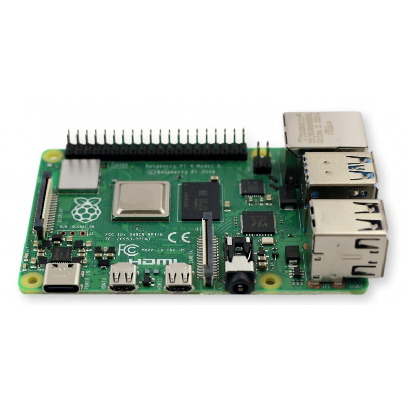 Raspberry Pi 4 Model B 4GB RAM – komputer single-board, płyta PCB, złącza USB, HDMI, Ethernet.