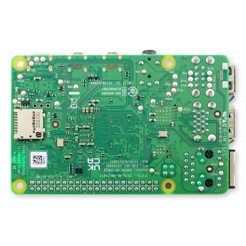 Raspberry Pi4 Model B 4GB RAM – płyta PCB z komponentami, portami USB i microSD do projektów IoT i edukacji.