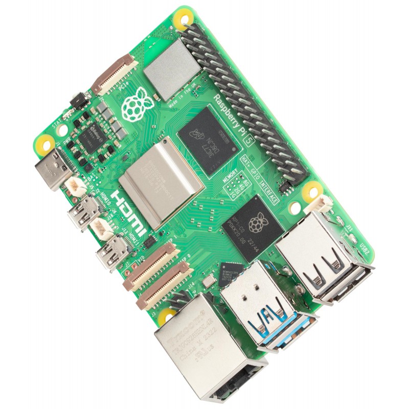 Raspberry Pi 5 2GB RAM – płyta główna minikomputera do projektów IoT, porty HDMI, USB, Ethernet, microSD, GPIO.