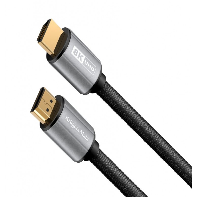 Kabel HDMI 2.1 Kruger&Matz 8K UHD Kabel HDMI 2.1 Kruger&Matz 8K – srebrne obudowy, złote kontakty, czarny kabel do transmisji 8K UHD.
