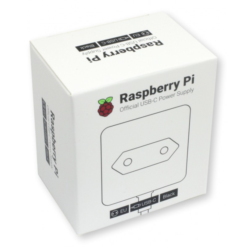 Zasilacz USB-C 5.1V 3A Raspberry Pi 4 – oficjalny produkt w opakowaniu. Czarny kolor, złącze EU.