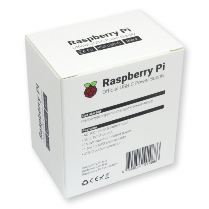 Raspberry Pi zasilacz USB-C 5V/3A – oficjalny produkt Raspberry Pi w białym opakowaniu. Zasilanie do RPi4.